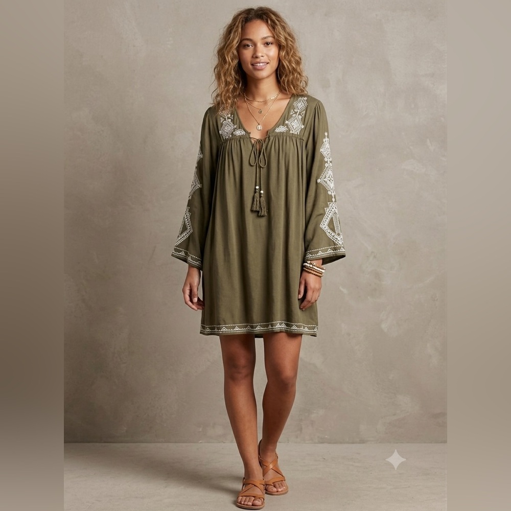 NWT ANGIE Olive Green Boho Embroidered Tassel Tunic Dress Small⁠